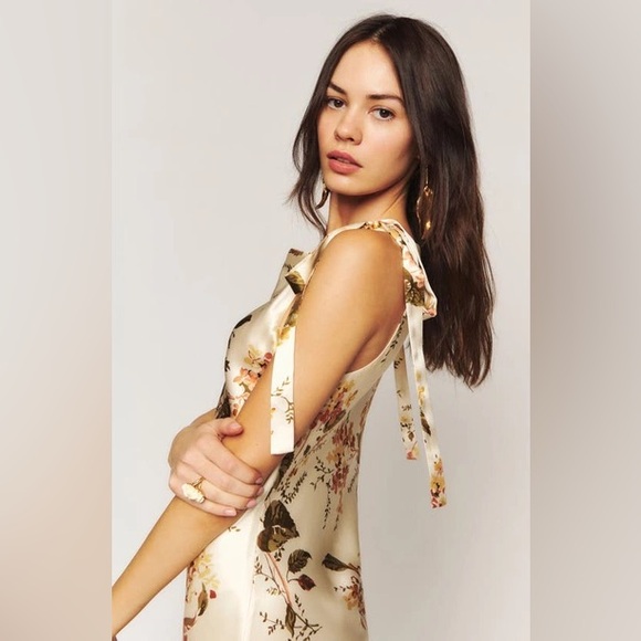 REFORMATION Aden Bow Detailed Floral 100% Silk Midi Dress Size Medium - Picture 7 of 12